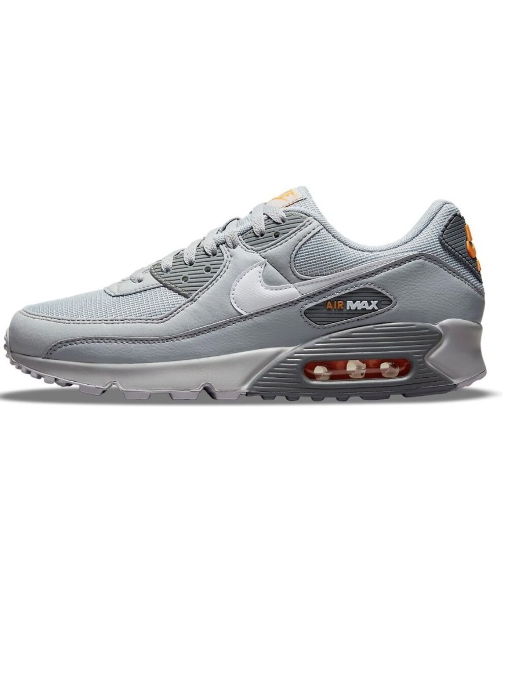 Nike AirMax 90 Mesh Leather Sneakers Size 8.5 Wolf Grey Kumquat DR0145-001 GUC